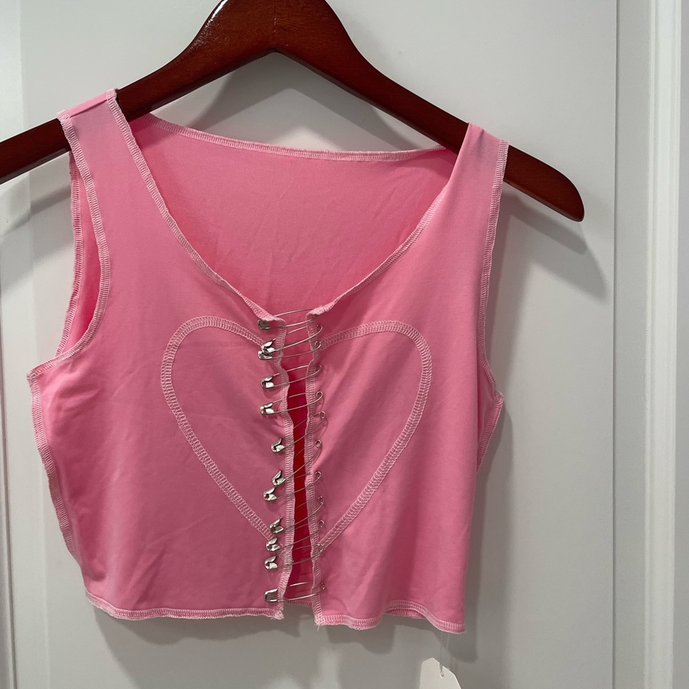 Heart stitched tank top with safety pins